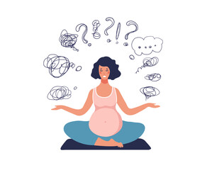 The concept of the doubts of a pregnant woman. A pregnant woman sits and thinks about her problems, question marks around her. Flat cartoon vector illustration about depression and psychological help.