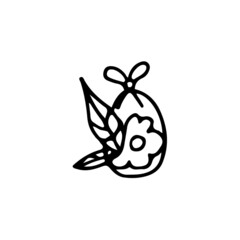 hand drawn outline element for easter, decorated easter egg with ribbon, flower and leaves
