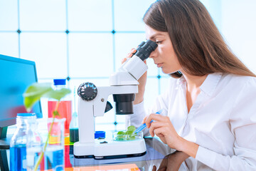 girl laboratory assistant examines a green plant under a microscope in the laboratory