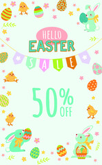 Cute easter bunnies hold colorful easter eggs, easter egg basket. Banner with Easter bunny and chickens - 50% off. Poster, postcard - Hello Easter.