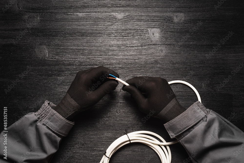 Wall mural electrician holds in hands a white electric wire.