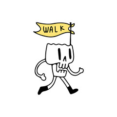 Walking Skull with flags, illustration for t-shirt, poster, sticker, or apparel merchandise. With cartoon style.