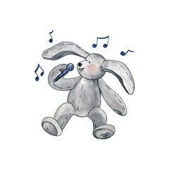 Funny bunny character singing to the microphone and smiling. Watercolor illustration isolated on white.