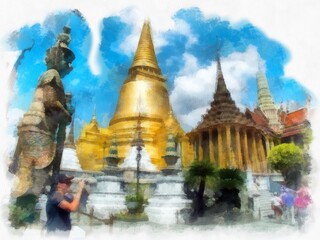 Fototapeta premium Landscape of the Grand Palace, Wat Phra Kaew in Bangkok watercolor style illustration impressionist painting.