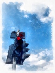 Traffic light pole showing red light watercolor style illustration impressionist painting.