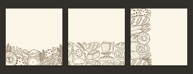 Vector bakery banners with copy space. Bread and bakery illustrations, vector food icons - obrazy, fototapety, plakaty