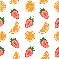 vector pattern with strawberry halves and orange slices on a white background