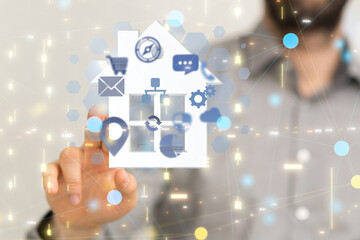 home iot - Neural network 3D illustration. Big data and cybersecurity