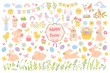 Happy Easter. Set of hand drawn easter design elements. Spring collection. - 485359508