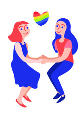 Two lesbian girls with a heart with an LGBT flag. Valentine 's Day .