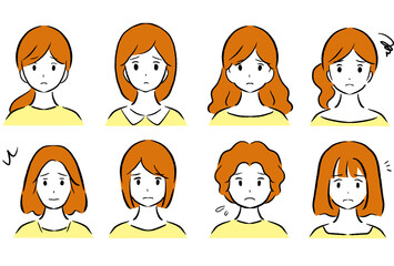 若い女性の困った顔の線画イラストセット