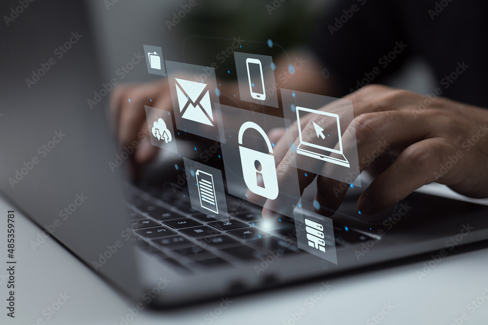 Poster networking, internet, and business are all included in one broad idea. on his laptop, a young entrep