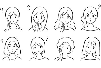 疑問に思っている若い女性の線画イラストセット