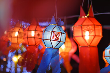 Yi Peng colorful paper lanterns decoration at night Loy Krathong Festival northern thailand.