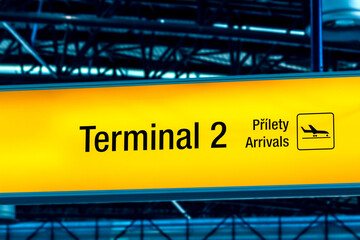 Airport arrival sign at Terminal 2, Prague International Airport (PRG)
