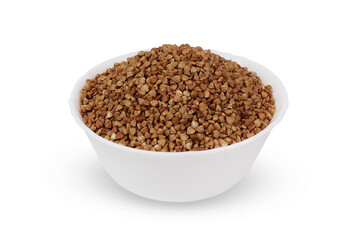 Buckwheat on an isolated white background. Buckwheat in a white bowl