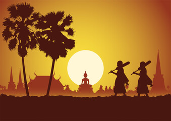 Silhouette design of monk hiking walk to discover the peace and truth,vector illustration