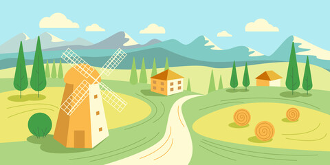 Landscape village in the mountains, countryside. Windmill, haystack. Vector stock illustration. 
