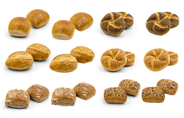 verschiedene Brötchen Sorten isoliert auf weißem Hintergrund, Mohn, Sesam, Bio Volland, Urspitz, Urkrustie, Walnussbrötchen,