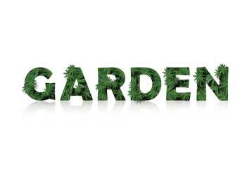 The English word is garden, stylized as a collage of photos of lupin leaves. A word with a mirror image highlighted on a white background. Concept: garden and vegetable garden, botany, graphic design.