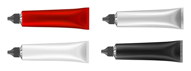 Set of 4 multicolored tubes. Vector illustration of cream or toothpaste tube. Ointment. Salve. Glue tube. Oil paint. Black, red, silver and white metal tubes.