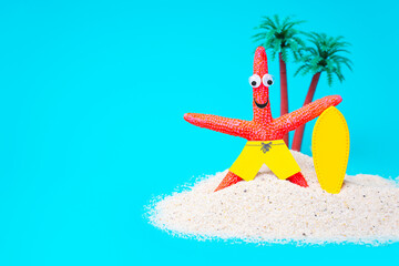 Starfish character on a surfing vacation