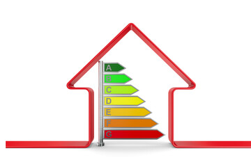 Energy saving. Red house on white background. Isolated 3d illustration