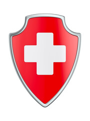 Fototapeta premium red shield with white cross on white background. Isolated 3D illustration