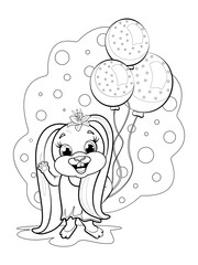 Coloring page. Cheerful and cute bunny holding 3 balloons