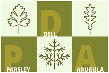 Herbs and spices line icon set. Dill, parsley, arugula signs with name text. Editable stroke symbols of food. 3 linear style olive colored design elements. Vector isolated - 485363386