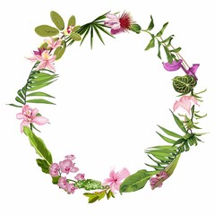 Wreath frame, border - hand painted watercolor style tropical flowers composition with palm leaves. 