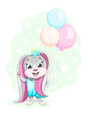 Cheerful and cute bunny holding 3 balloons
