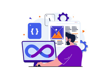 Programmer working modern flat concept for web banner design. developer creates software and programming code. Manager administers devops processes. Vector illustration with isolated people scene - obrazy, fototapety, plakaty