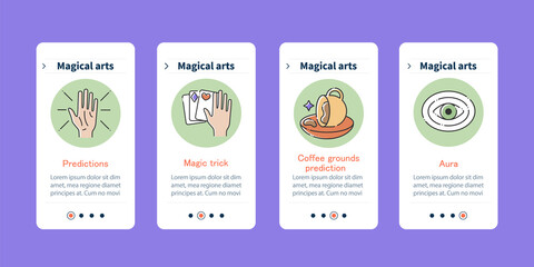 Magical arts onboarding mobile app screens. Magic trick, coffee grounds predictions and aura. Rituals steps menu. Set of UI, UX, web template with RGB color linear icons