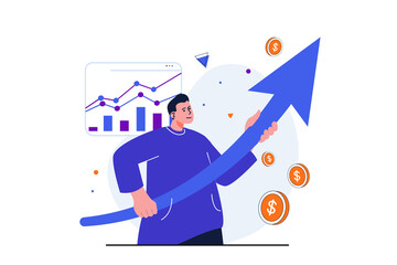 Sales performance modern flat concept for web banner design. Marketer improves financial statistics of business, increases profits and achieves goals. Vector illustration with isolated people scene