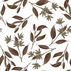 Seamless pattern with branches of abstract brown Eucalyptus in bloom on a white background. Illustration of foliage and natural leaves. Template for floral textile design.