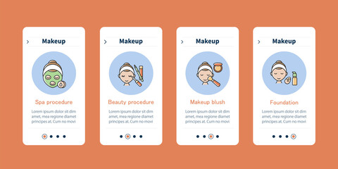 Makeup onboarding mobile app screens. Spa procedure, makeup blush, skin foundation. Cosmetology steps menu. Set of UI, UX, web template with RGB color linear icons