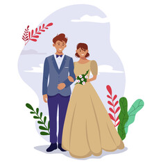 bride and groom on wedding day, vector illustration