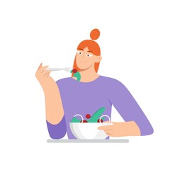 Girl eating healthy vegetable salad. Flat vector illustration