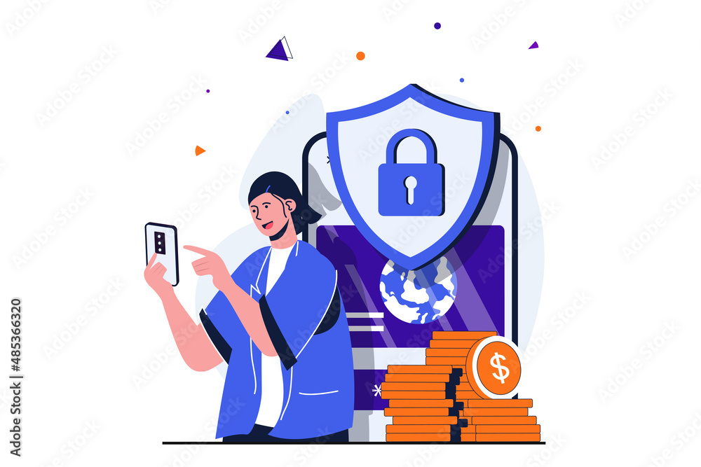 Poster secure payment modern flat concept for web banner design. woman uses protect mobile application for 