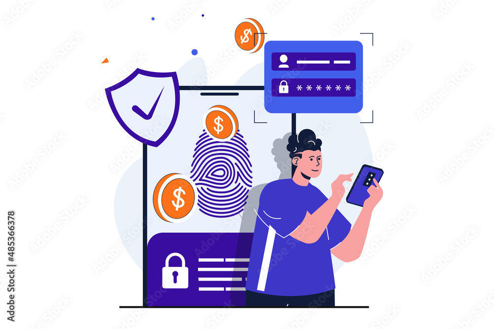 Poster secure payment modern flat concept for web banner design. man confirms his identity with fingerprint