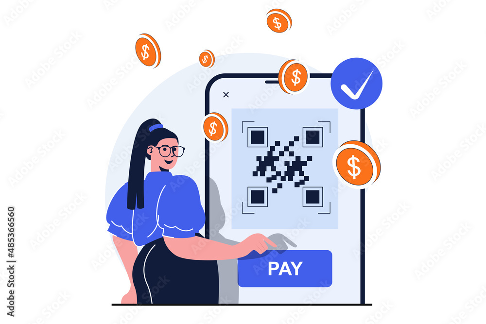 Aufkleber Secure payment modern flat concept for web banner design. Woman buys securely on Internet and makes transaction using QR code on smartphone application. Vector illustration with isolated people scene