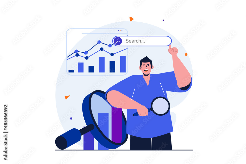 Aufkleber seo analysis modern flat concept for web banner design. man with magnifier settings search engine, a