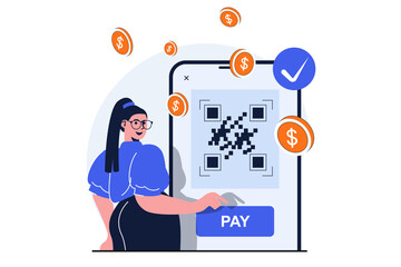 Secure payment modern flat concept for web banner design. Woman buys securely on Internet and makes transaction using QR code on smartphone application. Vector illustration with isolated people scene