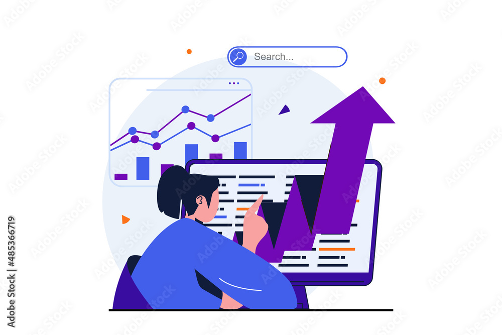 Leinwandbilder seo analysis modern flat concept for web banner design. man with magnifier analyzes data and search 