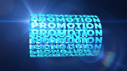 PROMOTION blue text word tube rotating animation seamless loop isolated on black background. 4K 3D rendering text cylinder kinetic looping. Promotion typography animation. Business concept. - obrazy, fototapety, plakaty