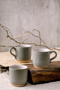 Set of empty craft ceramic coffee cups