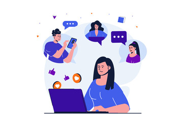 Social network modern flat concept for web banner design. Woman communicates online, chats and follows news of friends personal profiles using laptop. Vector illustration with isolated people scene
