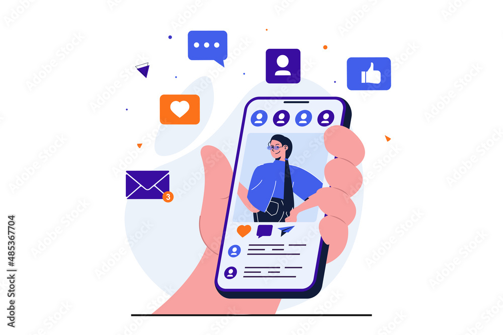 Poster social network modern flat concept for web banner design. woman follows blog and personal profile of