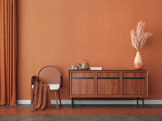 Orange room with chair,table,pampas and orange wall background.3d rendering